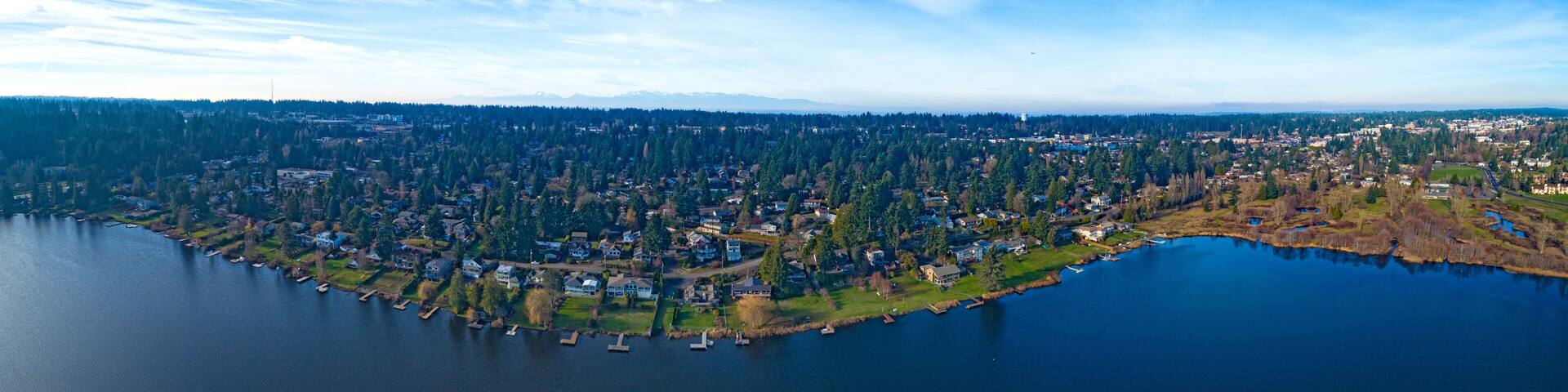 Edmonds Washington Lake Ballinger Waterfront Panoramic View Olympic Mountains Background