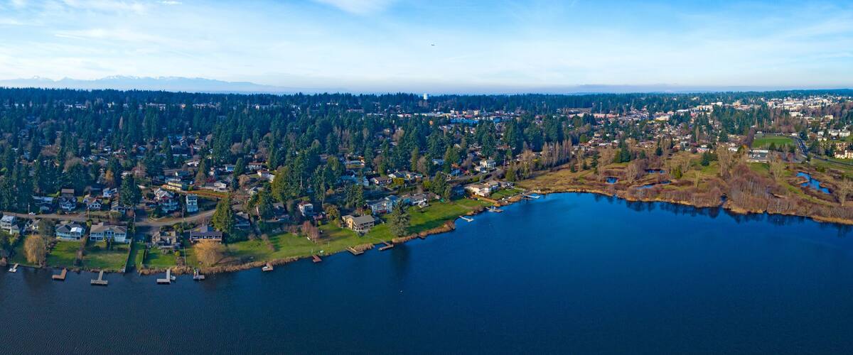 An aerial view of a lakeside community with dense forestation, residential areas, and a clear sky.