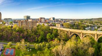 Aerial panorama of Allentown, Pennsylvania skyline and Albertus L. Meyers Bridge
