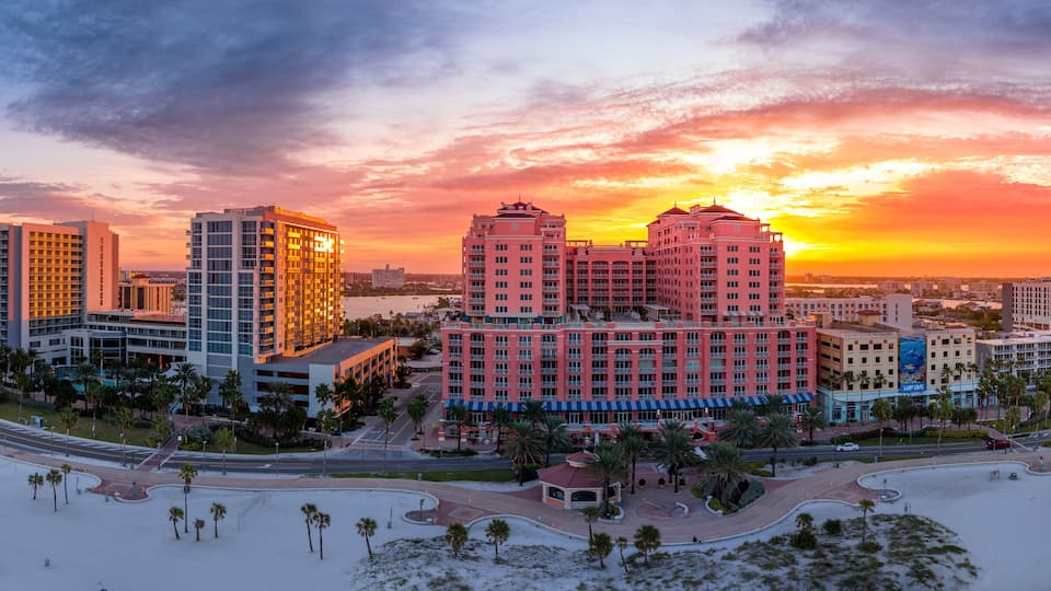 Early morning sunrise above Clearwater beach near Tampa Florida with colorful orange, red sky