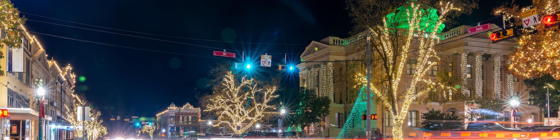 Panoramic Picture of the Main Downtown Street With the Georgetown Square Lit up and decorated for the Holidays