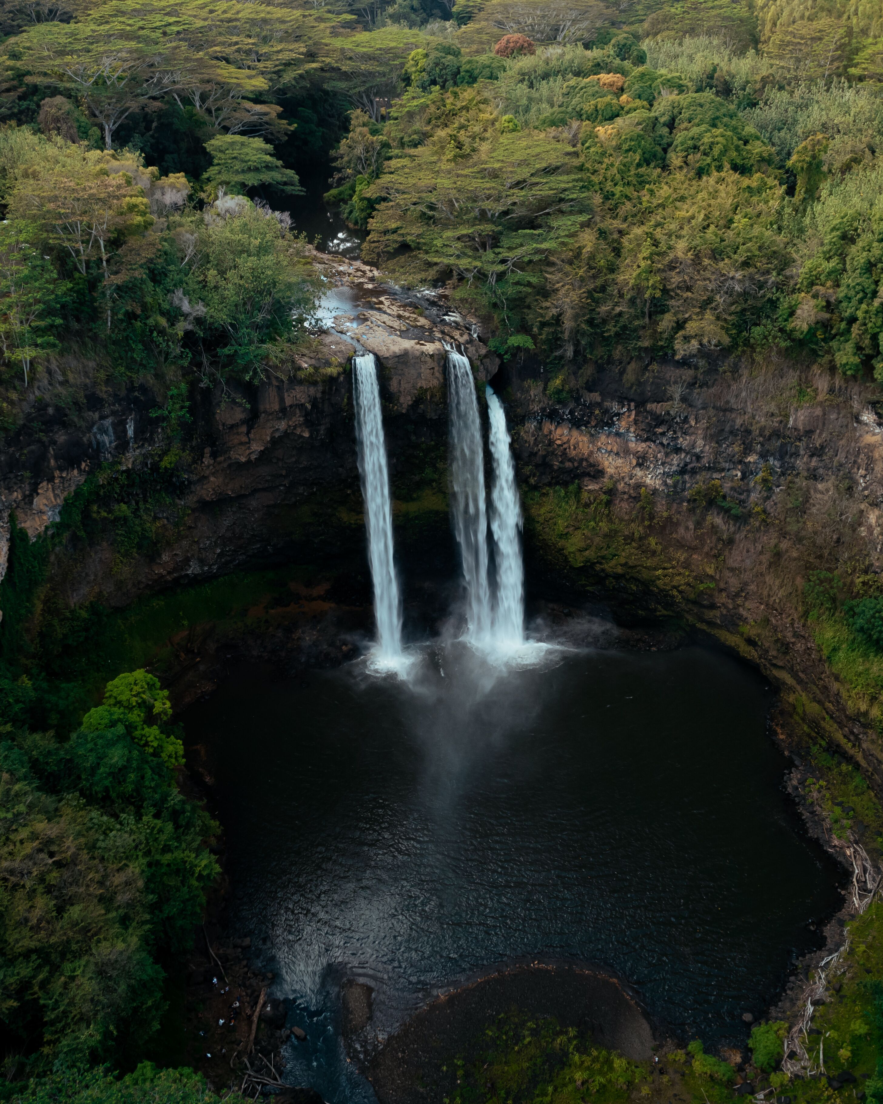 Drone Aerial of Wailua Waterfall on Kauai, Hawaii. High quality photo. Located in Wailua River State Park.