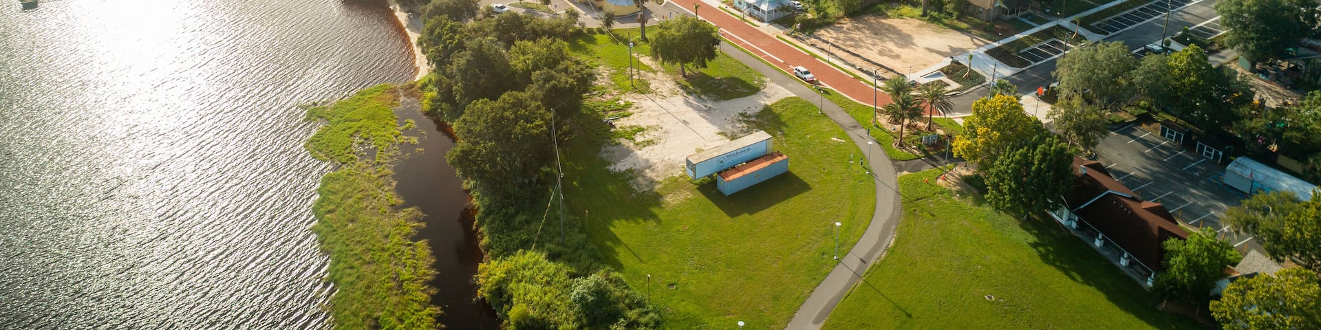 Aerial drone shot just after sunrise in historic downtown Clermont, FL.