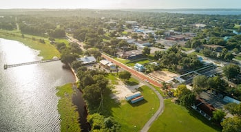 Aerial drone shot just after sunrise in historic downtown Clermont, FL.
