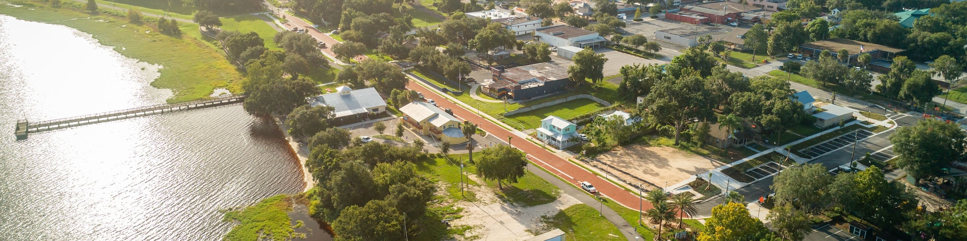 Aerial drone shot just after sunrise in historic downtown Clermont, FL.