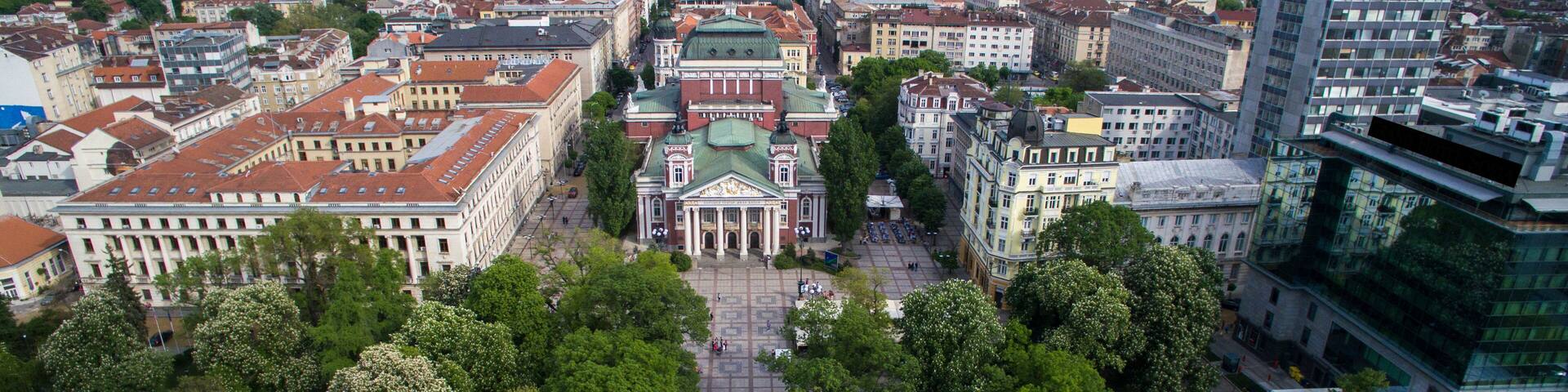 Drone photo of city center Sofia, Bulgaria, with the building of the National Theater Ivan Vazov in the middle