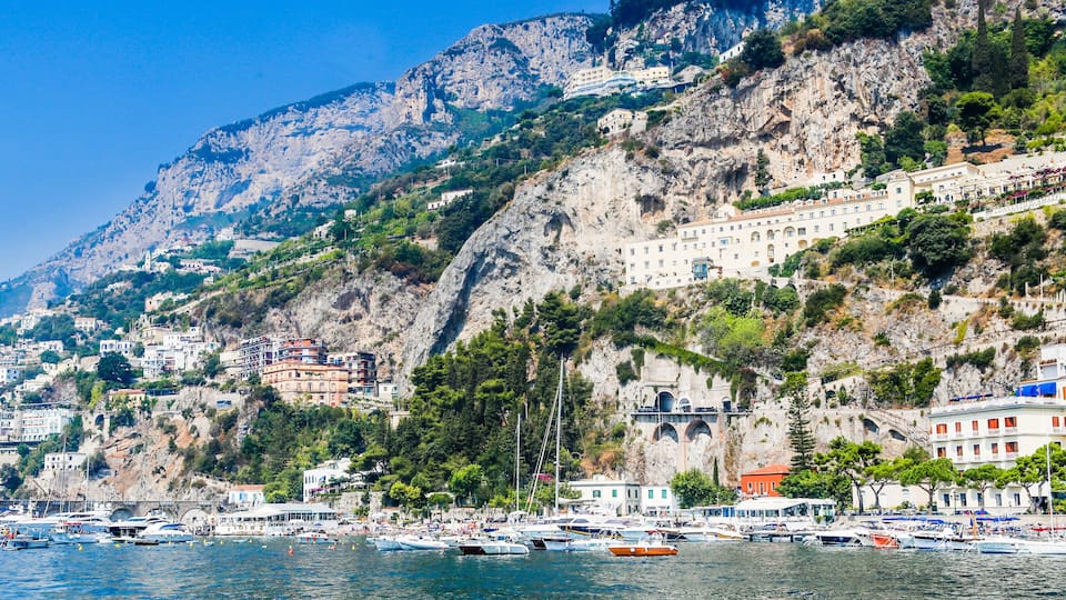 View of Pastena village on Amalfi coast seen from the sea, Campania, Italy
