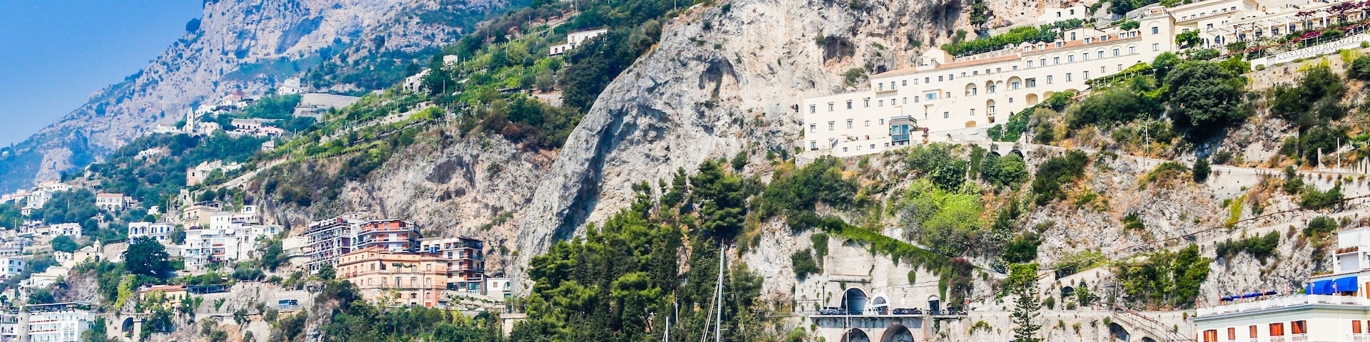 View of Pastena village on Amalfi coast seen from the sea, Campania, Italy