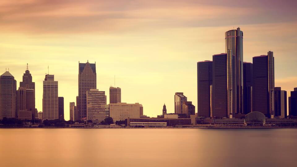 Beautiful skyline of Detroit City, the view from Windsor, Ontario, Canada.