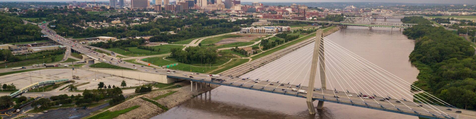 Over the Missouri River Bridge Architecture Rush Hour Traffic Kansas City MO