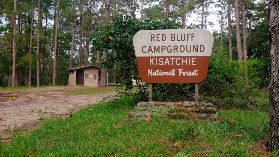 A sign for Red Bluff Campground in Kisatchie National Forest.
