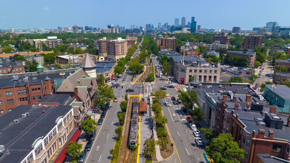 Boston Back Bay skyline aerial view including John Hancock Tower, Prudential Tower, and Four Season Hotel from Coolidge Corner on Beacon Avenue in Brookline near Boston, Massachusetts MA, USA.