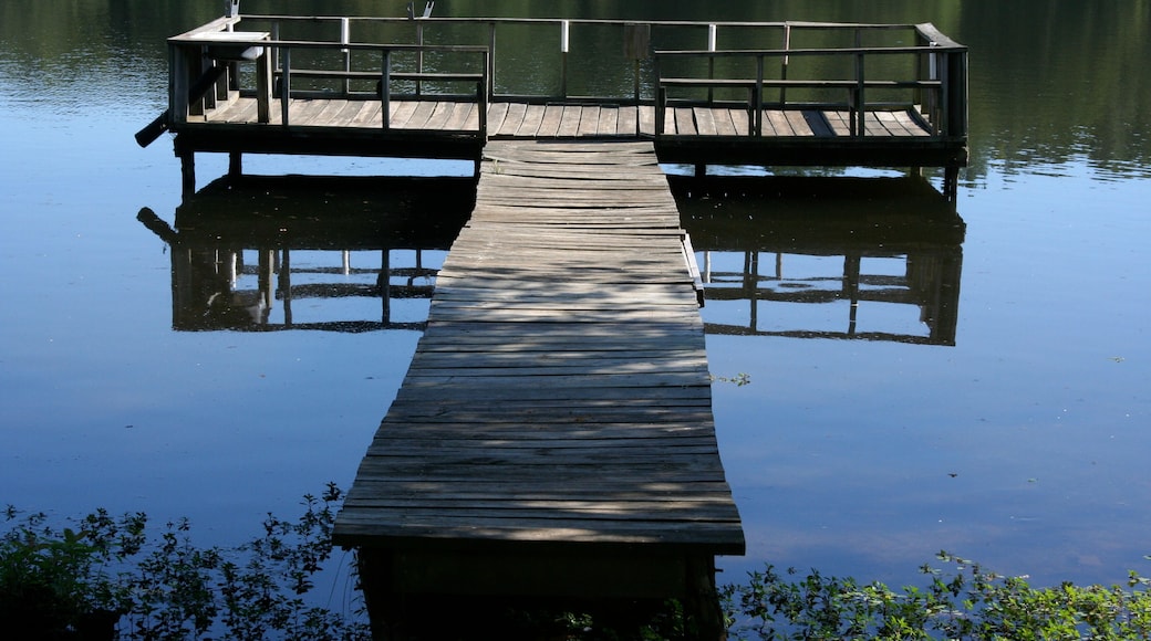Wooden Dock Pier on Lake Loch Loma in Poplar Bluff Missouri Landscape over Blue Water Sunset Peaceful Tranquil