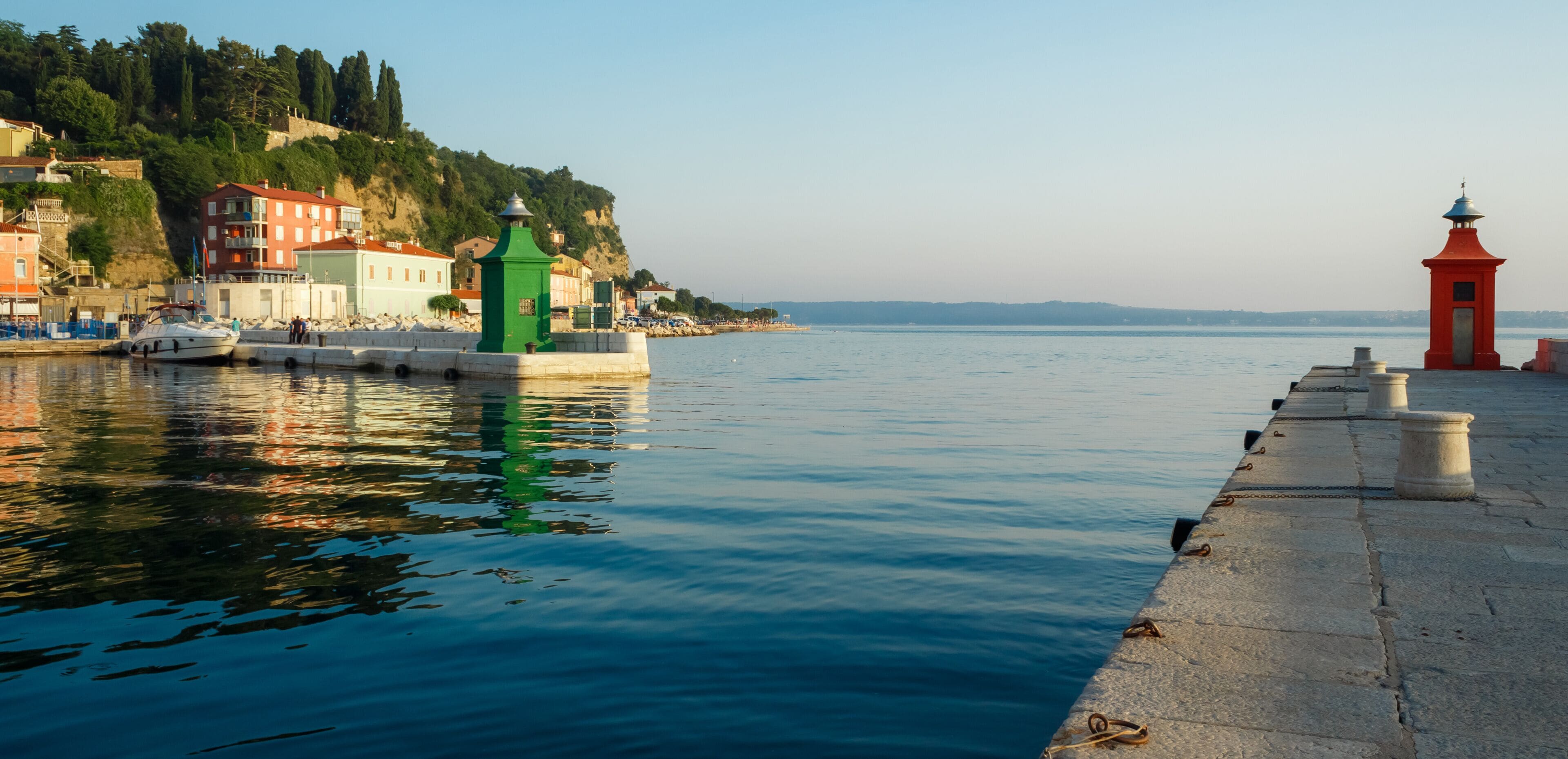 Red and green lighthouses in Piran