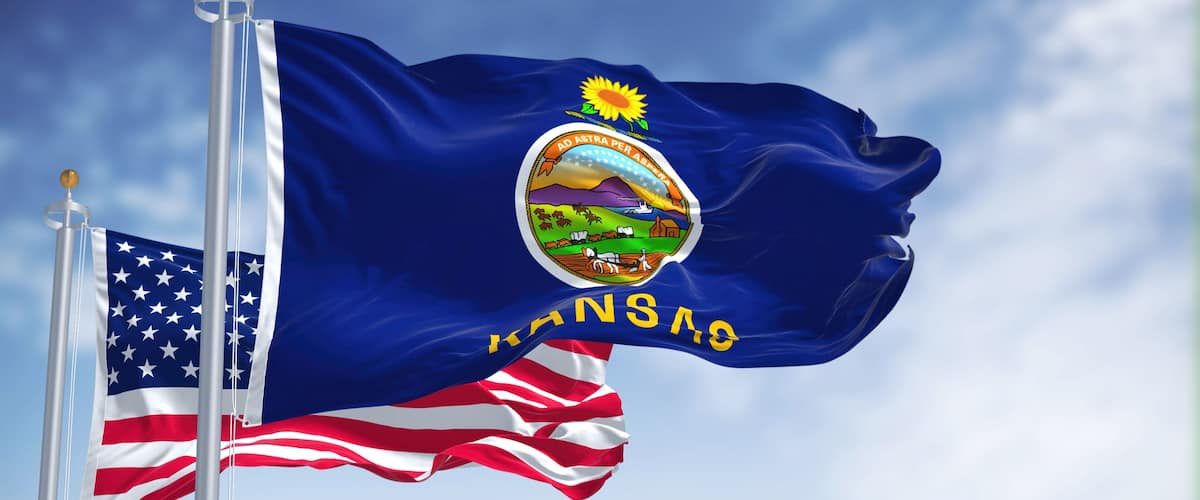 The Kansas state flag with the state emblem and the United States flag.