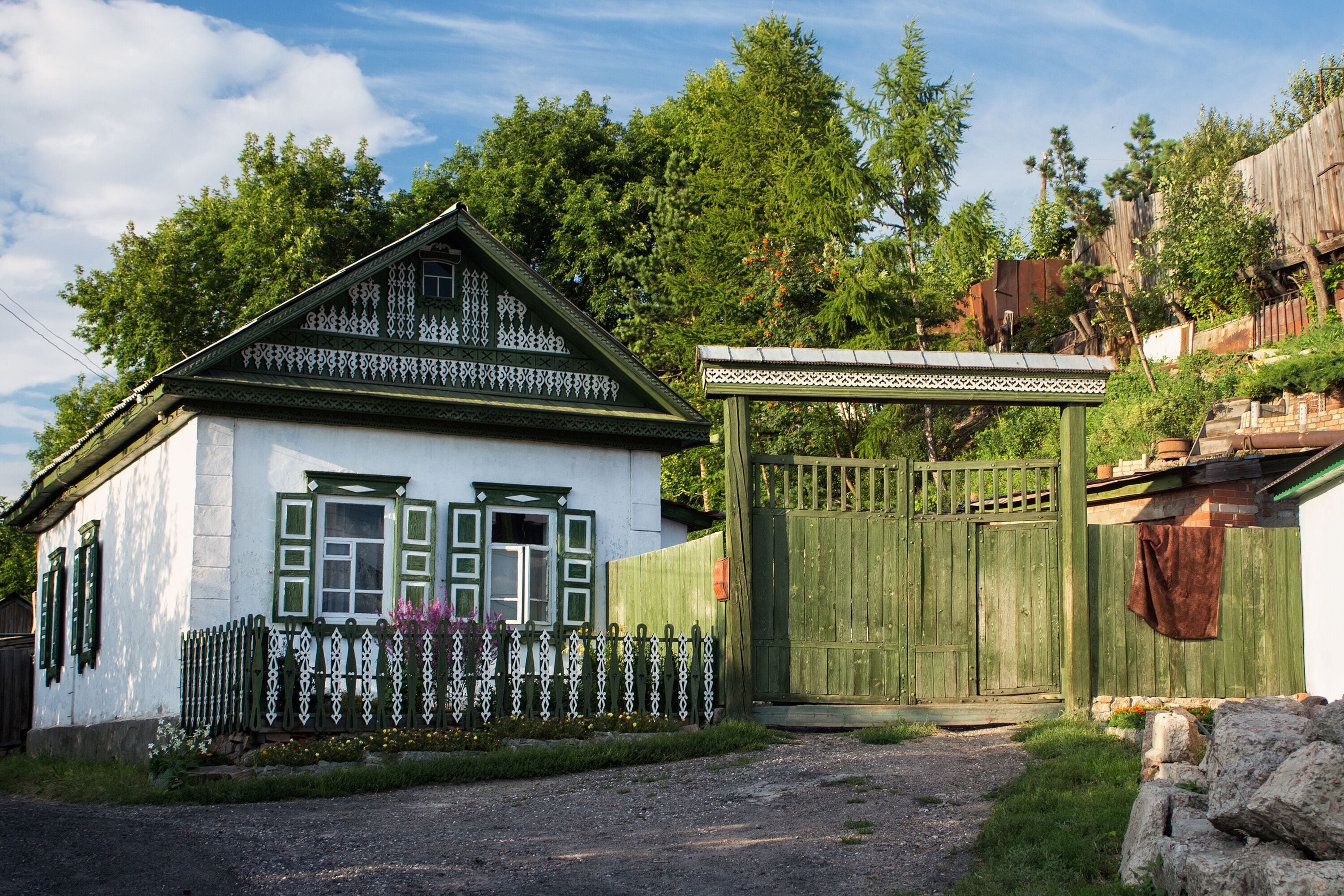 Old house in russian siberian style in the Petropavl, Kazakhstan. The city is situated in northern Kazakhstan close to the border with Russia.