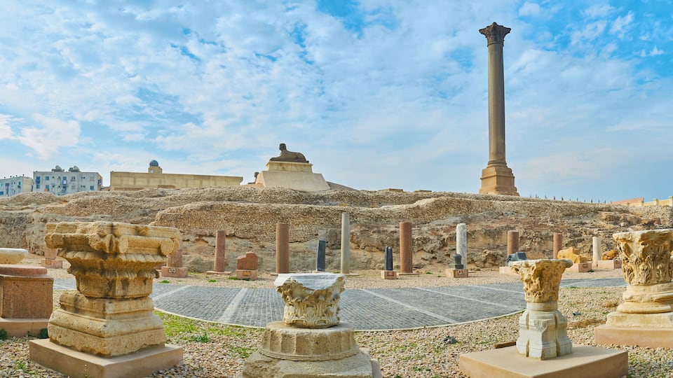 Panorama with Pompey's Pillar and sphinx, Alexandria, Egypt