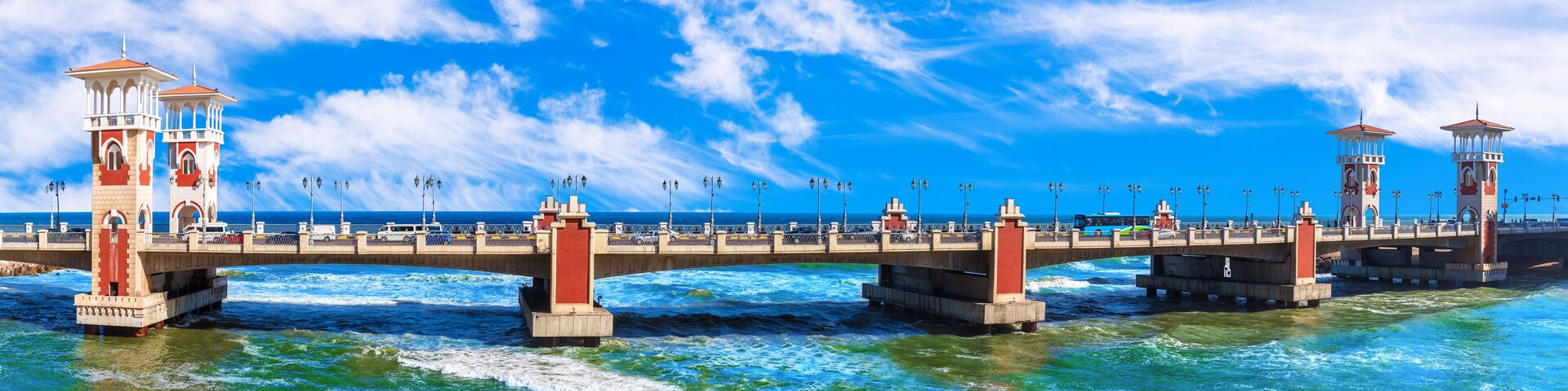 View on the Stanley Bridge, famous landmark of Alexandria, unique panorama of Egypt