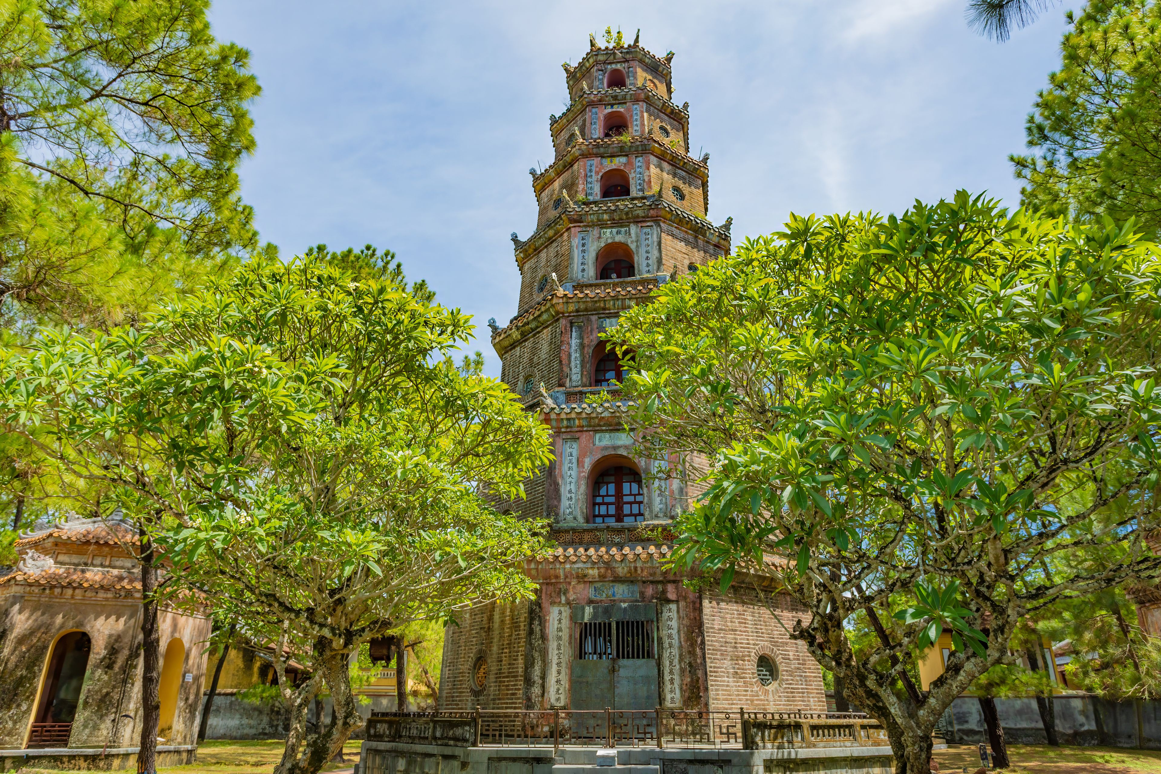 Beautiful daytime view of the historic Thien Mu Pagoda tower in Hue ancient capital, Vietnam.