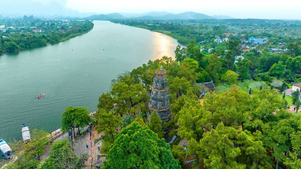 Aerial view of Thien Mu Pagoda is one of the ancient pagoda in Hue city.It is located on the banks of the Perfume River in Vietnam's historic city of Hue.