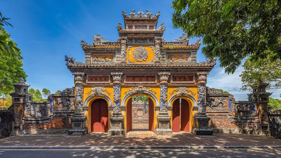 Wonderful view of the Truong Sanh palace within the Citadel in Hue, Vietnam. Imperial Royal Palace of Nguyen dynasty in Hue.