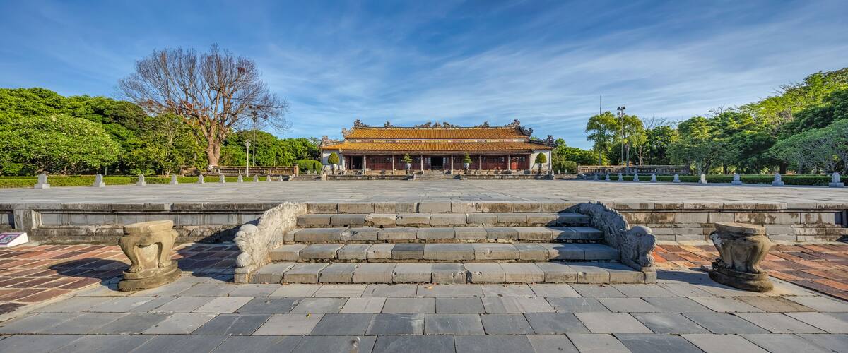 Wonderful view of the Thai Hoa palace in the Imperial City with the Purple Forbidden City within the Citadel in Hue, Vietnam. Imperial Royal Palace of Nguyen dynasty in Hue. Hue is a popular