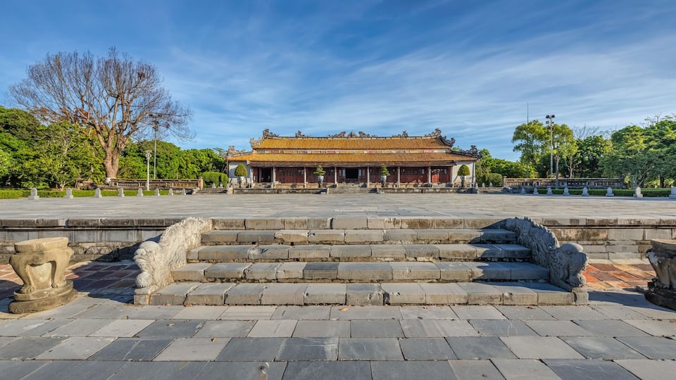Wonderful view of the Thai Hoa palace in the Imperial City with the Purple Forbidden City within the Citadel in Hue, Vietnam. Imperial Royal Palace of Nguyen dynasty in Hue. Hue is a popular