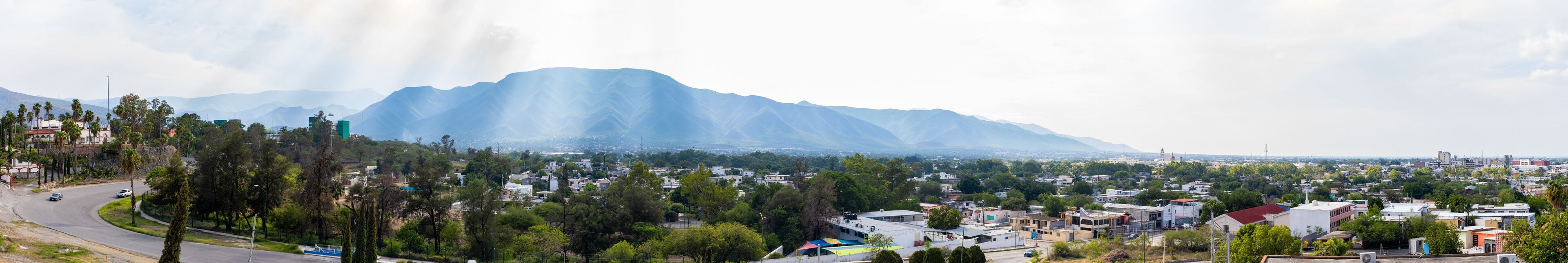 A town with a mountain in the background.