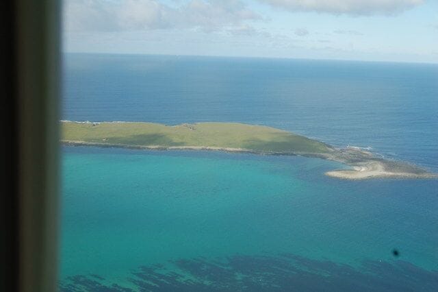 View of the Holm of Papay, from the air Arriving at Papay and just starting to turn into the island to land