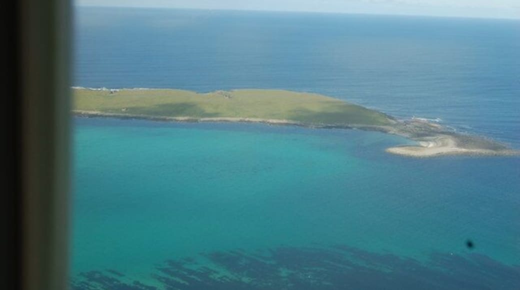 View of the Holm of Papay, from the air Arriving at Papay and just starting to turn into the island to land
