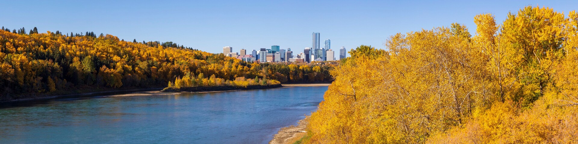 View of the Downtown Edmonton skyline and autumn colours of the river valley along the North Saskatchewan River; Edmonton, Alberta, Canada