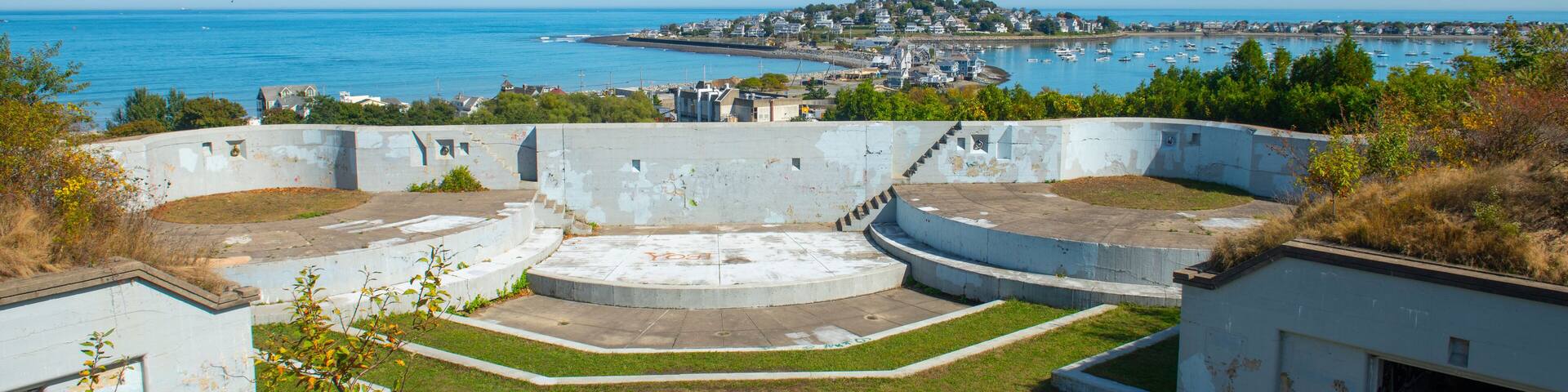 Fort Revere on Telegraph Hill with Point Allerton in Hull Village in town of Hull, Massachusetts MA, USA.