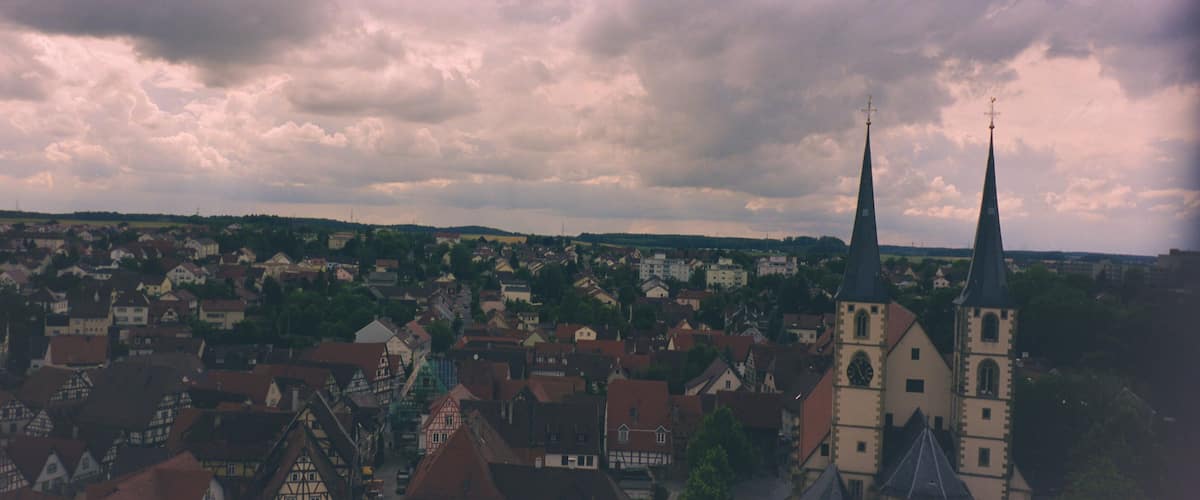 Panoramic Aerial View of Bad Wimpfen Old Town and Evangelische Stadtkirche at Dusk, Germany during 2000s