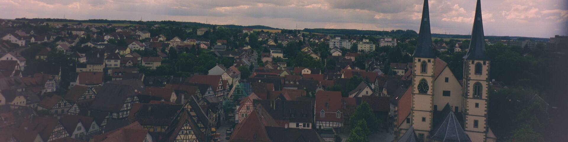 Panoramic Aerial View of Bad Wimpfen Old Town and Evangelische Stadtkirche at Dusk, Germany during 2000s