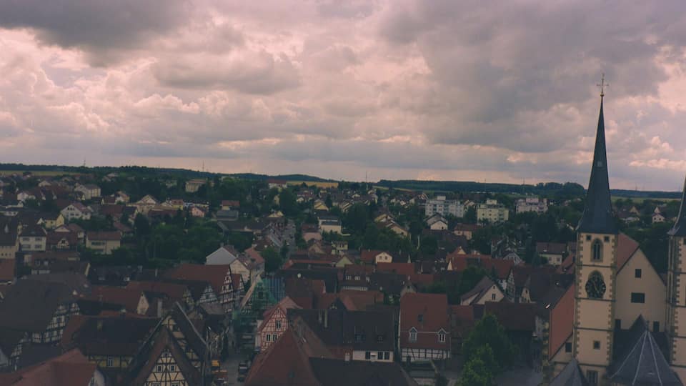 Panoramic Aerial View of Bad Wimpfen Old Town and Evangelische Stadtkirche at Dusk, Germany during 2000s