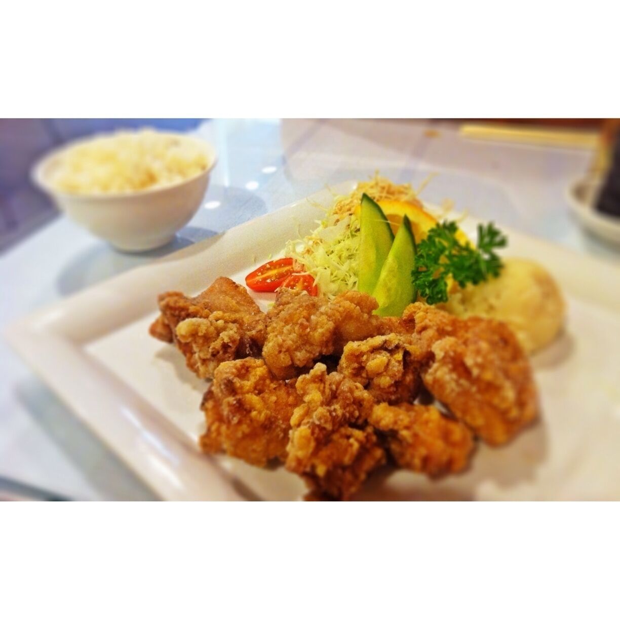 Japanese style fried chicken. Karaage was crunchy outside and moist inside. Finely chopped cabbage salad with miso dressing was a refreshing compliment to the fried chicken. This place is a family owned and just opened a month ago near my house. A great addition in my neighborhood. 