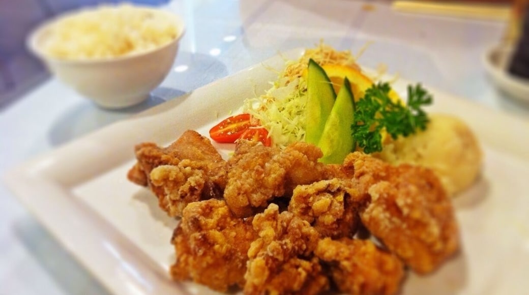 Japanese style fried chicken. Karaage was crunchy outside and moist inside. Finely chopped cabbage salad with miso dressing was a refreshing compliment to the fried chicken. This place is a family owned and just opened a month ago near my house. A great addition in my neighborhood.