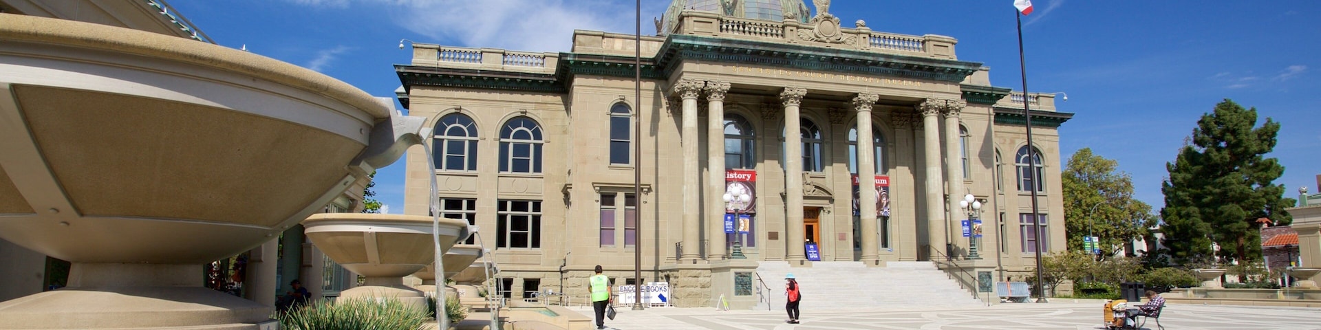 Redwood City which includes heritage architecture, a fountain and an administrative buidling