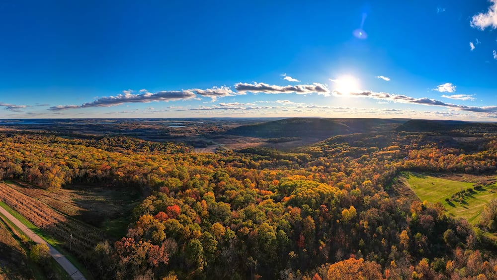 Aerial panoramic view of the fall color near Baraboo, WI.