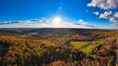 Aerial panoramic view of the fall color near Baraboo, WI.