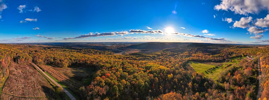 Aerial panoramic view of the fall color near Baraboo, WI.