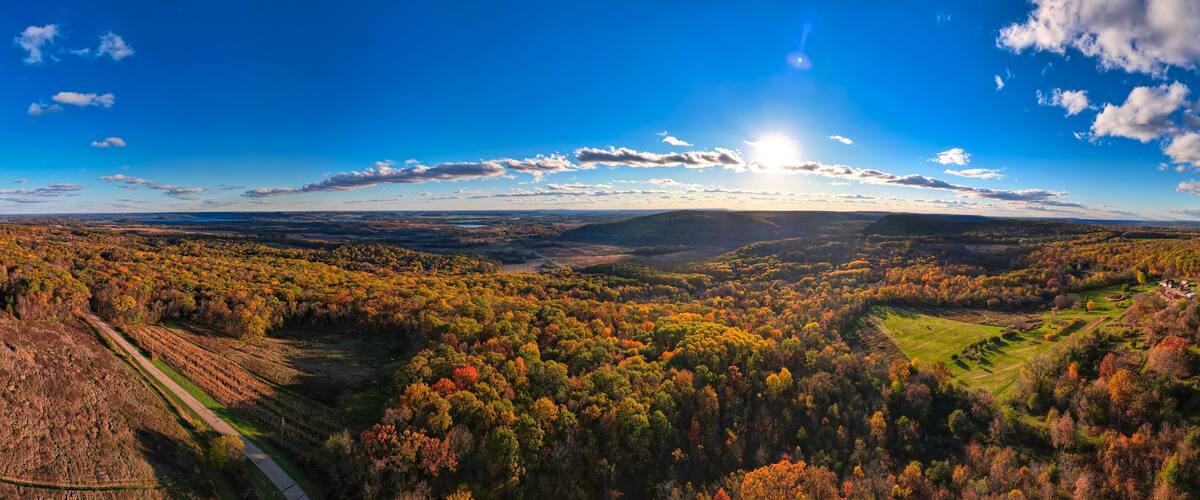 Aerial panoramic view of the fall color near Baraboo, WI.