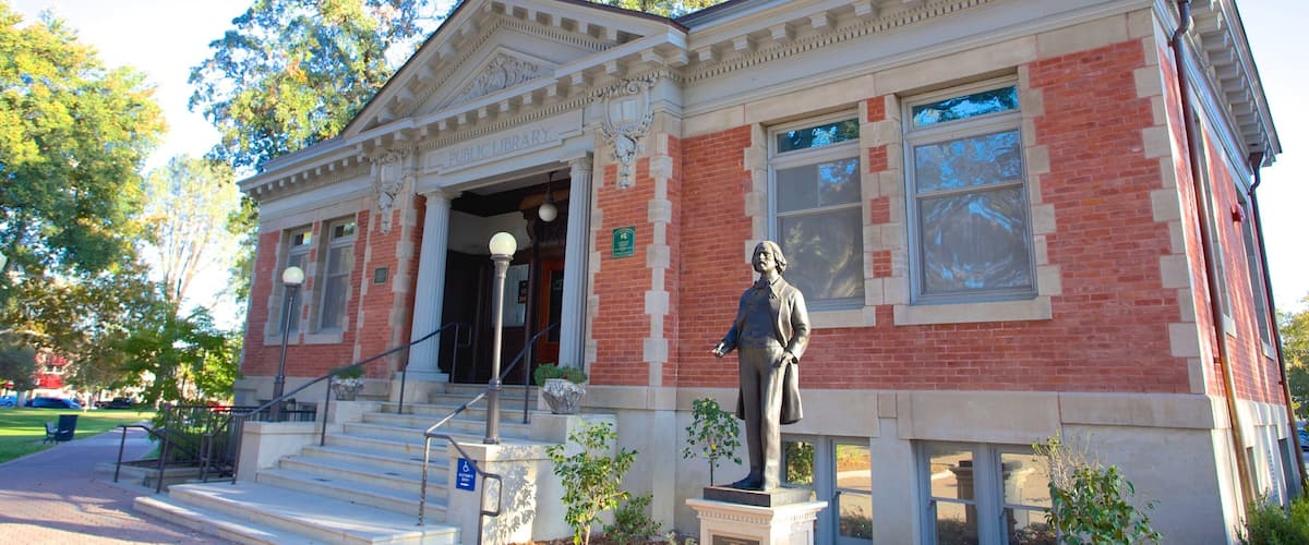 A brick building with a statue in front, labeled "Public Library."