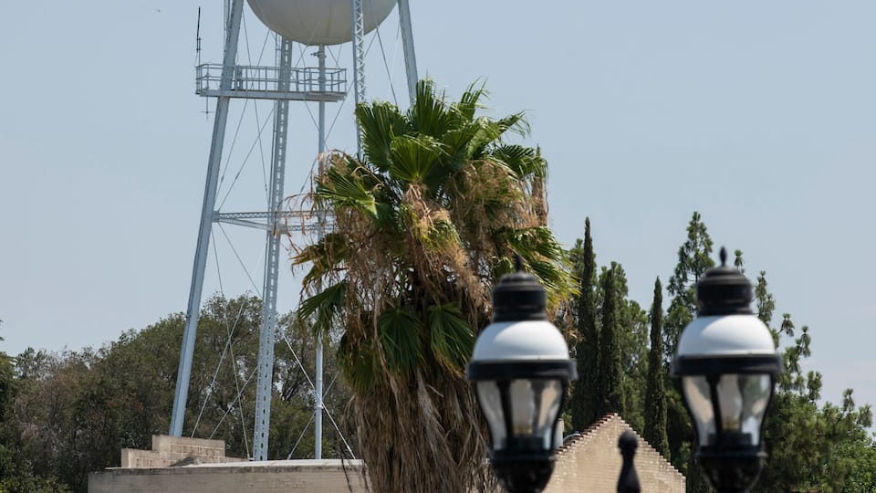 A water tower, lamp posts, and palm trees.