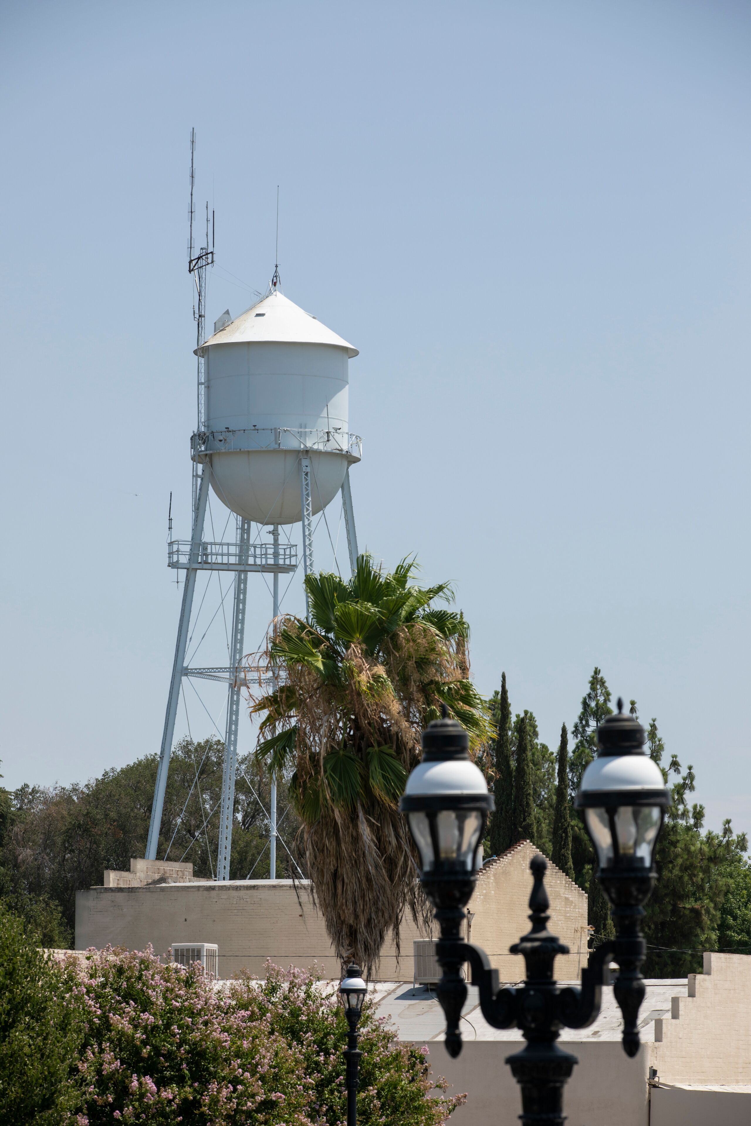 A water tower, lamp posts, and palm trees.