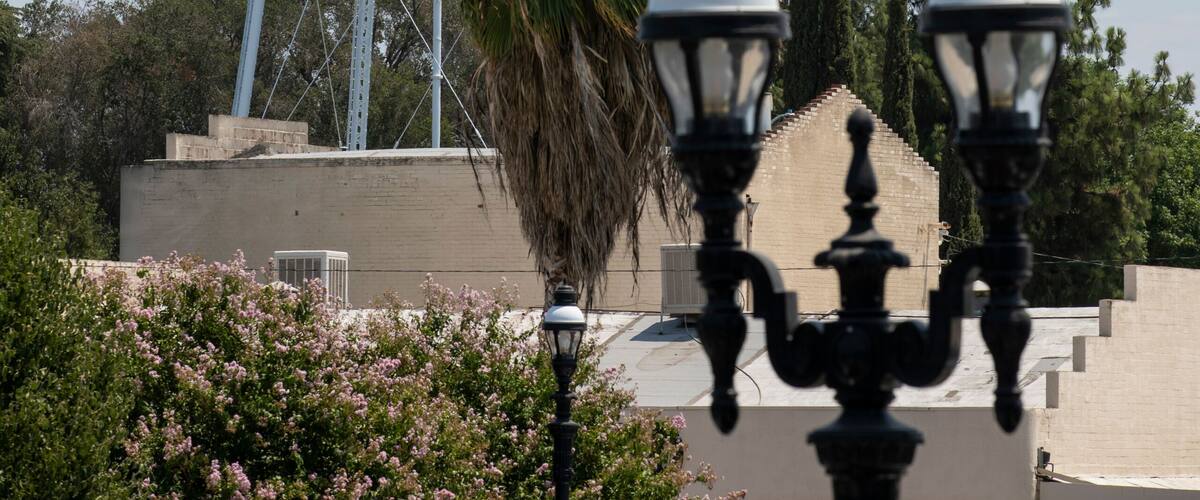 A water tower, lamp posts, and palm trees.
