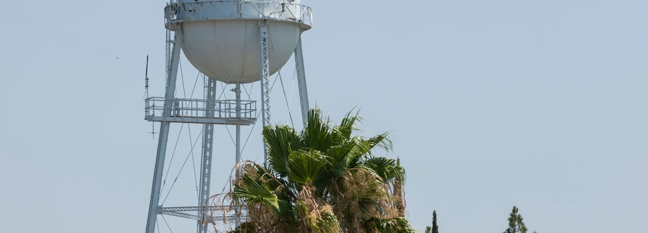 A water tower, lamp posts, and palm trees.