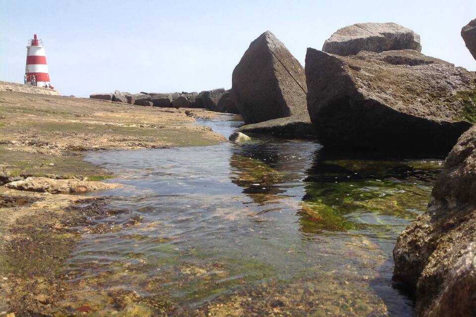 Uma costa rochosa com um riacho límpido e um farol ao longe.