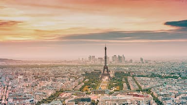 aerial view over Paris at sunset with iconic Eiffel tower