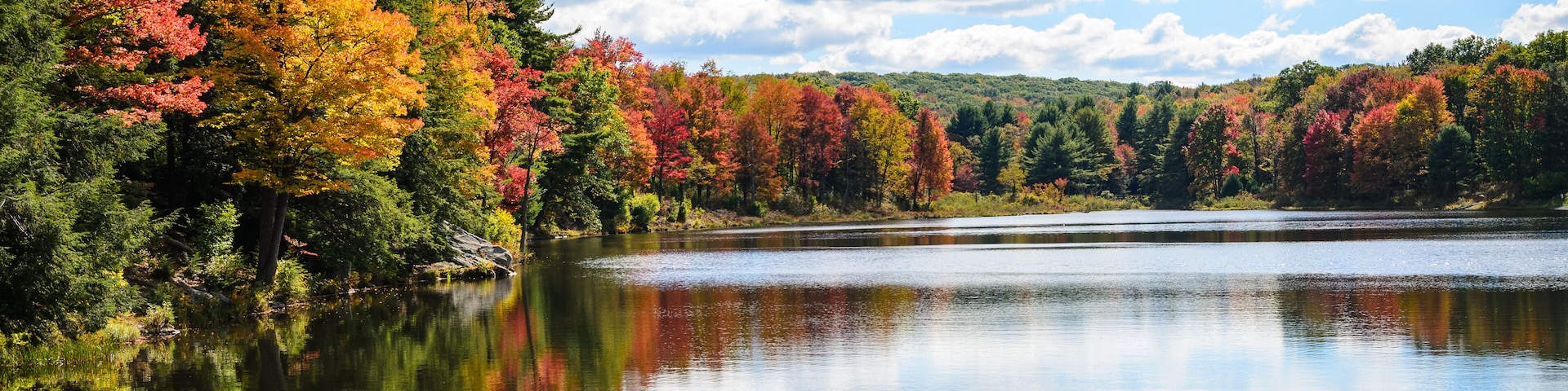 A calm lake surrounded by autumn-colored trees and a clear blue sky.